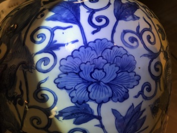 A Chinese blue and white vase with Buddhist lions and peonies, Ming, Wanli