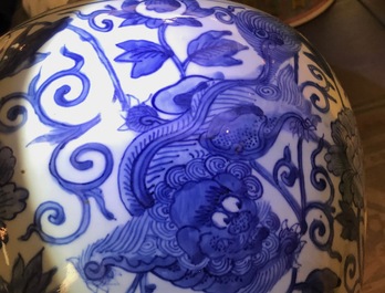 A Chinese blue and white vase with Buddhist lions and peonies, Ming, Wanli