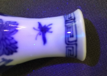 Four Chinese blue and white and famille verte miniature vases, Kangxi and later