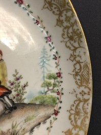 A Chinese export porcelain "Commedia dell'Arte" saucer dish after Watteau, Qianlong