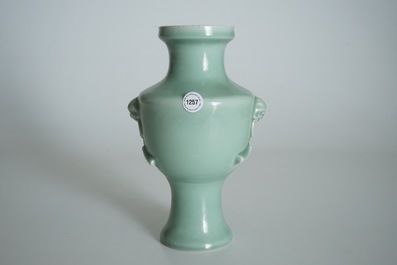 A Chinese monochrome celadon-glazed vase, Qianlong mark, 19/20th C.