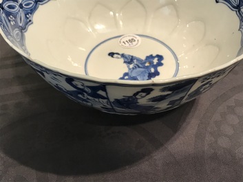 A Chinese blue and white bowl with figures, Kangxi, and a klapmuts crane bowl, probably Wanli