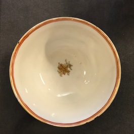 Three Chinese famille rose and gilt cups and saucers, Yongzheng/Qianlong