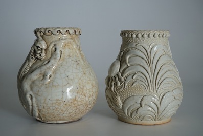 Two Chinese Nanking crackle-glazed hu vases with crabs and mythical beasts, 19th C.