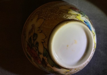 A Chinese famille rose cup and saucer with an insect on sanduo fruit, Yongzheng