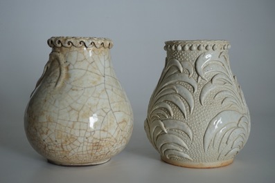 Two Chinese Nanking crackle-glazed hu vases with crabs and mythical beasts, 19th C.
