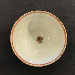Three Chinese famille rose and gilt cups and saucers, Yongzheng/Qianlong