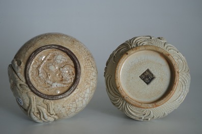 Two Chinese Nanking crackle-glazed hu vases with crabs and mythical beasts, 19th C.