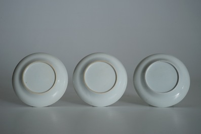 Three Chinese famille rose Wu Shuang Pu cups and saucers , 19th C.