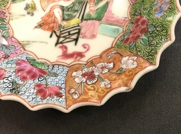 A Chinese lobed famille rose cup and saucer, Yongzheng