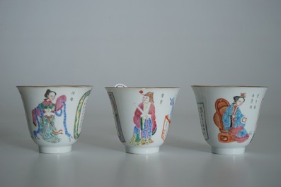 Three Chinese famille rose Wu Shuang Pu cups and saucers , 19th C.