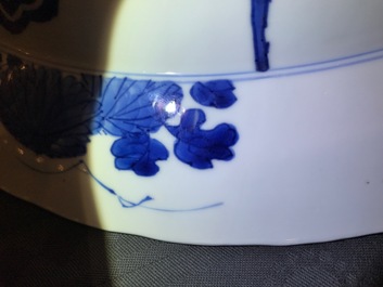 A Chinese blue and white charger with fighting warriors on horseback, Chenghua mark, Kangxi