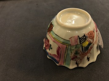 A Chinese lobed famille rose cup and saucer, Yongzheng
