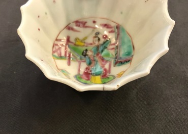 A pair of Chinese lobed famille rose cups and saucers with Magu, Yongzheng