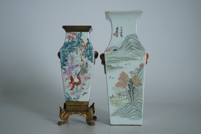 A square Chinese qianjiang cai vase marked Zhou Xiao Song and a bronze-mounted famille rose vase, 19/20th C.