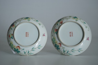 A pair of Chinese famille rose saucer plates with balsam pear design, Guangxu mark, 19/20th C.