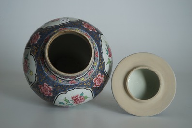 A Chinese bronze-mounted famille rose on blue-ground baluster vase and cover, Yongzheng