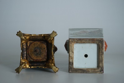 A square Chinese qianjiang cai vase marked Zhou Xiao Song and a bronze-mounted famille rose vase, 19/20th C.