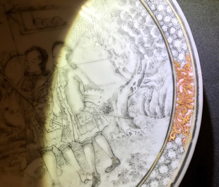 A Chinese grisaille cup and saucer with Europeans, Yongzheng