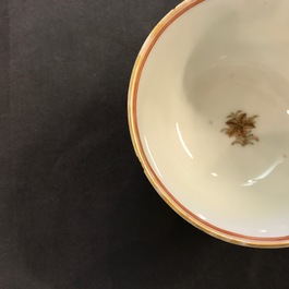 Three Chinese famille rose and gilt cups and saucers, Yongzheng/Qianlong