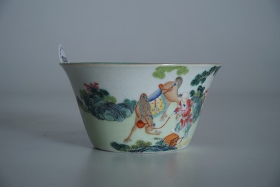 A small Chinese famille rose bowl with figural design, Jiaqing mark and period