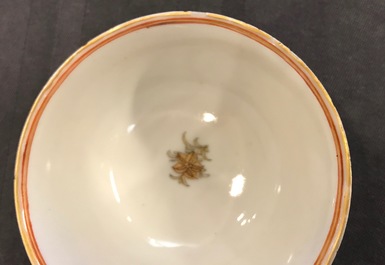 Three Chinese famille rose and gilt cups and saucers, Yongzheng/Qianlong