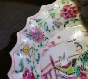 A pair of Chinese lobed famille rose cups and saucers with Magu, Yongzheng