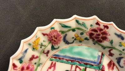 A pair of Chinese lobed famille rose cups and saucers with Magu, Yongzheng
