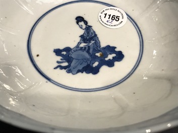A Chinese blue and white bowl with figures, Kangxi, and a klapmuts crane bowl, probably Wanli