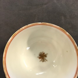 Three Chinese famille rose and gilt cups and saucers, Yongzheng/Qianlong