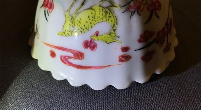 A pair of Chinese lobed famille rose cups and saucers with Magu, Yongzheng