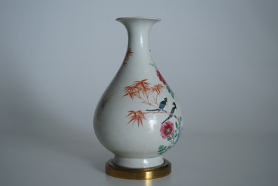 A Chinese famille rose bronze-mounted yuhuchunping vase, Qianlong mark, 19/20th C.