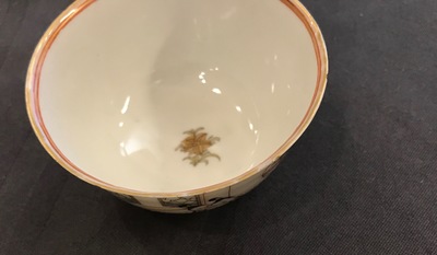 Three Chinese famille rose and gilt cups and saucers, Yongzheng/Qianlong