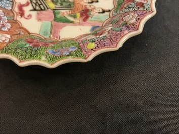 A Chinese lobed famille rose cup and saucer, Yongzheng