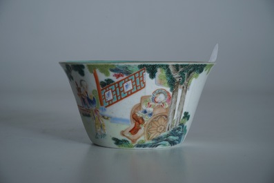 A small Chinese famille rose bowl with figural design, Jiaqing mark and period