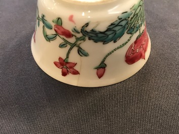 Two Chinese famille rose cups and three saucers with floral design, Yongzheng/Qianlong