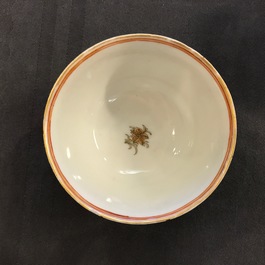 Three Chinese famille rose and gilt cups and saucers, Yongzheng/Qianlong