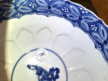 A Chinese blue and white bowl with figures, Kangxi, and a klapmuts crane bowl, probably Wanli
