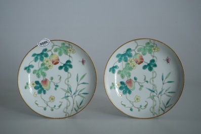 A pair of Chinese famille rose saucer plates with balsam pear design, Guangxu mark, 19/20th C.