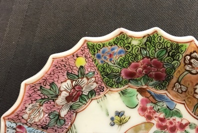 A Chinese lobed famille rose cup and saucer, Yongzheng