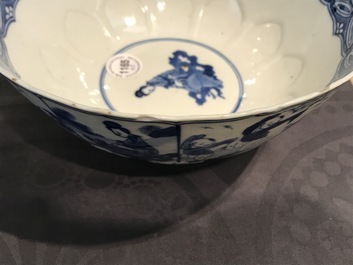A Chinese blue and white bowl with figures, Kangxi, and a klapmuts crane bowl, probably Wanli