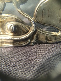 A Chinese silver tea caddy and an openworked dragon tazza, 19/20th C.