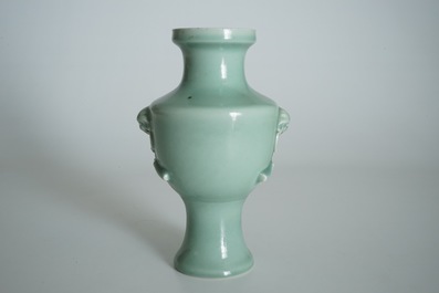 A Chinese monochrome celadon-glazed vase, Qianlong mark, 19/20th C.