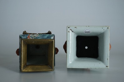 A square Chinese qianjiang cai vase marked Zhou Xiao Song and a bronze-mounted famille rose vase, 19/20th C.