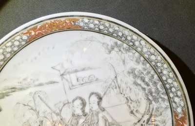 A Chinese grisaille cup and saucer with Europeans, Yongzheng