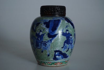 A Chinese famille verte jar with wooden cover and stand, Kangxi