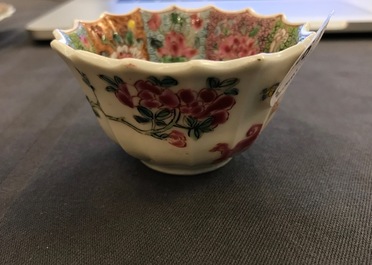 A Chinese lobed famille rose cup and saucer, Yongzheng