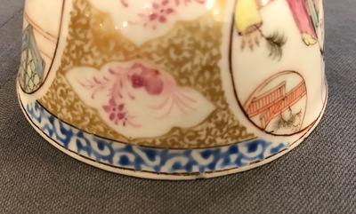 Three Chinese famille rose and gilt cups and saucers, Yongzheng/Qianlong