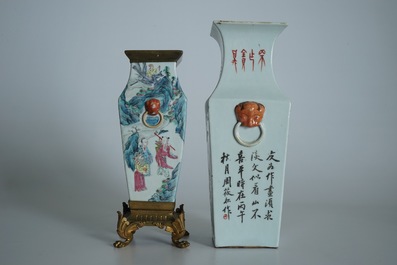 A square Chinese qianjiang cai vase marked Zhou Xiao Song and a bronze-mounted famille rose vase, 19/20th C.