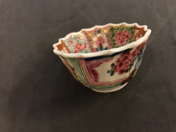 A Chinese lobed famille rose cup and saucer, Yongzheng